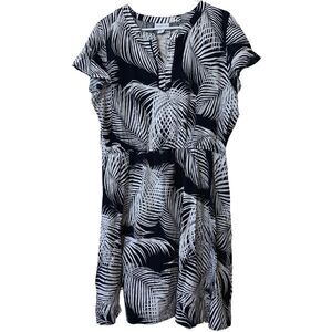 Liz Claiborne Blue White Linen Blend Palm Dress | Women's XL Short Sleeve Beachy